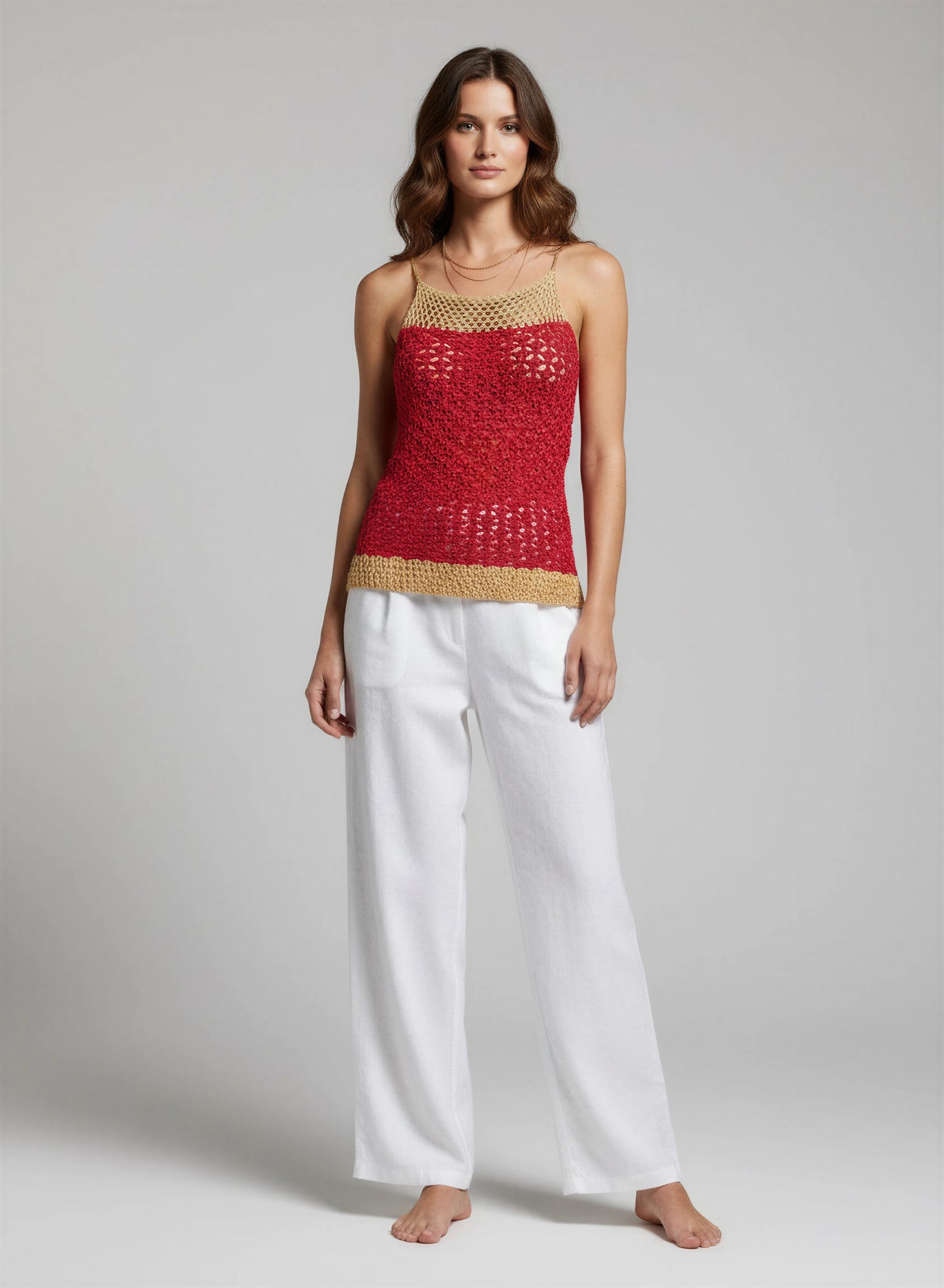 Haut crochet fait main Tishka rouge carmin empiècement filet doré bretelles nouées vue face – Cachalabibi