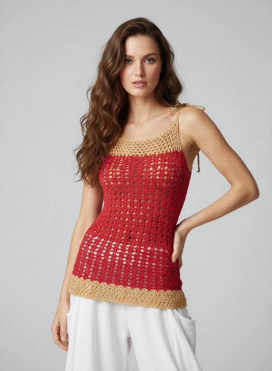 Haut crochet fait main Tishka rouge carmin empiècement filet doré bretelles nouées détail – Cachalabibi