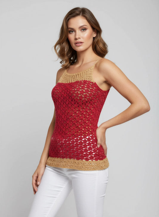 Haut crochet fait main Tishka rouge carmin empiècement filet doré mailles ajourées profil – Cachalabibi