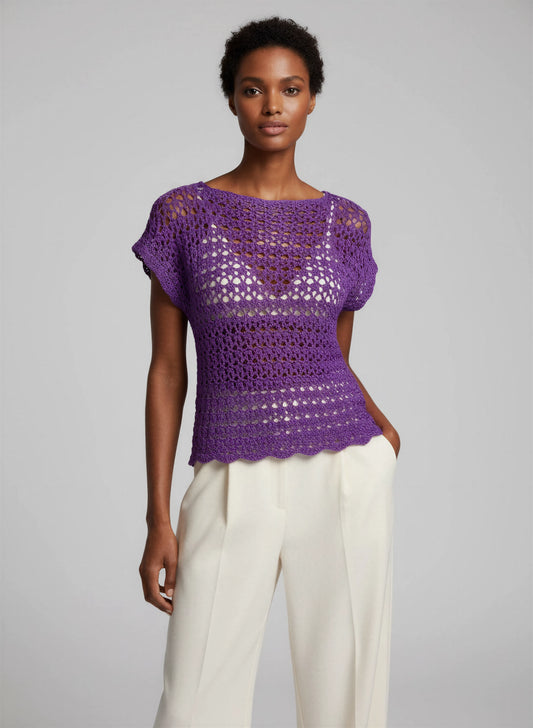 Haut crochet fait main Violeta violet améthyste mailles ajourées encolure bateau manches courtes – Cachalabibi