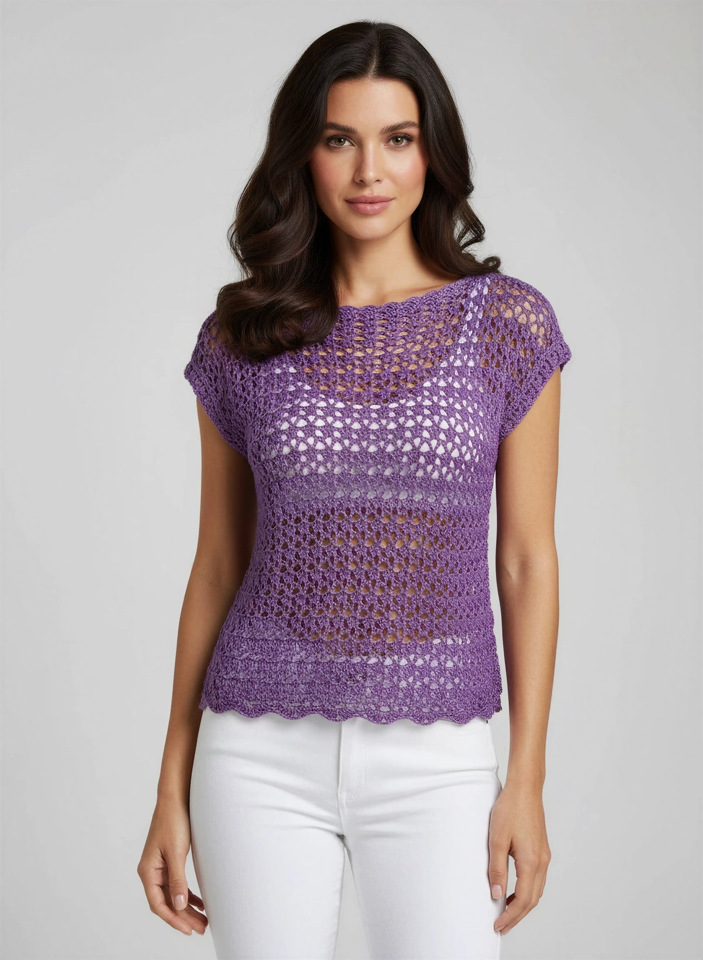 Haut crochet fait main Violeta violet améthyste mailles ajourées bordure festonnée jean blanc – Cachalabibi