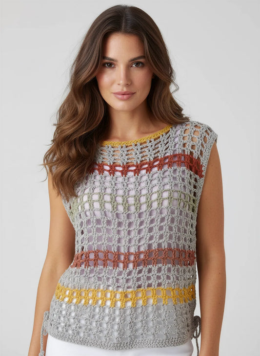 Haut Aperturo – vue de face buste – haut crochet gris perle rayures terracotta moutarde encolure bateau – Cachalabibi 
