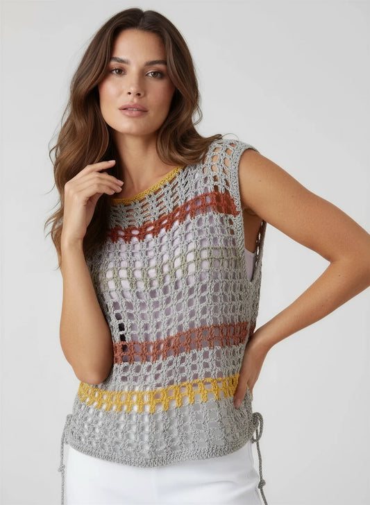 Haut Aperturo – face buste main menton – crochet gris perle rayures terracotta moutarde cordons latéraux – Cachalabibi