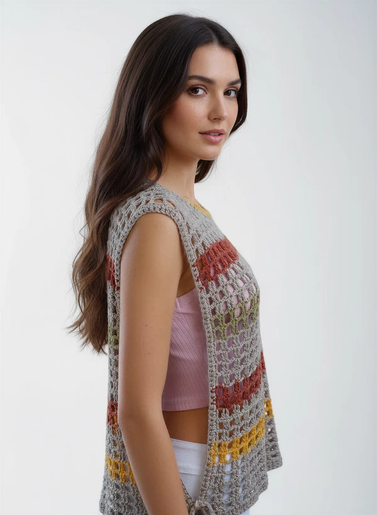 Haut Aperturo – vue de profil – haut crochet gris perle rayures terracotta ouverture latérale – Cachalabibi