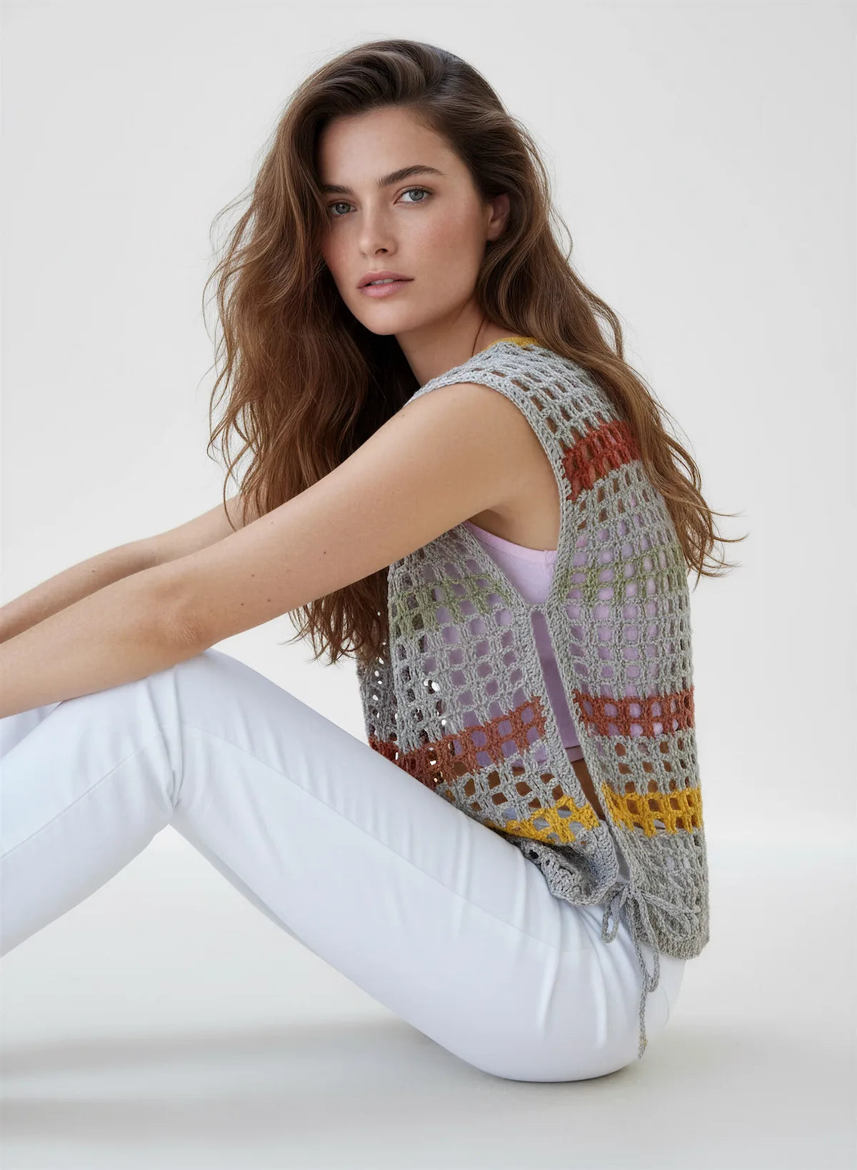 Haut Aperturo – de dos assise – haut crochet gris perle rayures terracotta moutarde – Cachalabibi