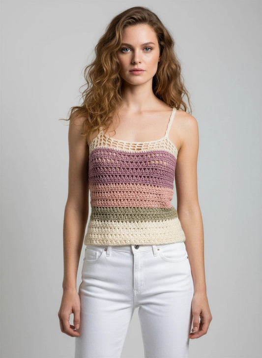Haut crochet fait main Balladine dégradé mauve rose poudré vert sauge écru bretelles spaghetti – Cachalabibi