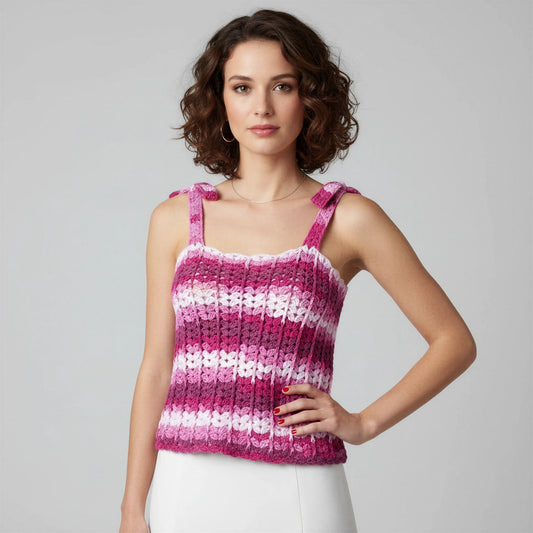 Haut crochet fait main Corsetto fuchsia rose poudré rayures blanches nœuds épaules crop top – Cachalabibi