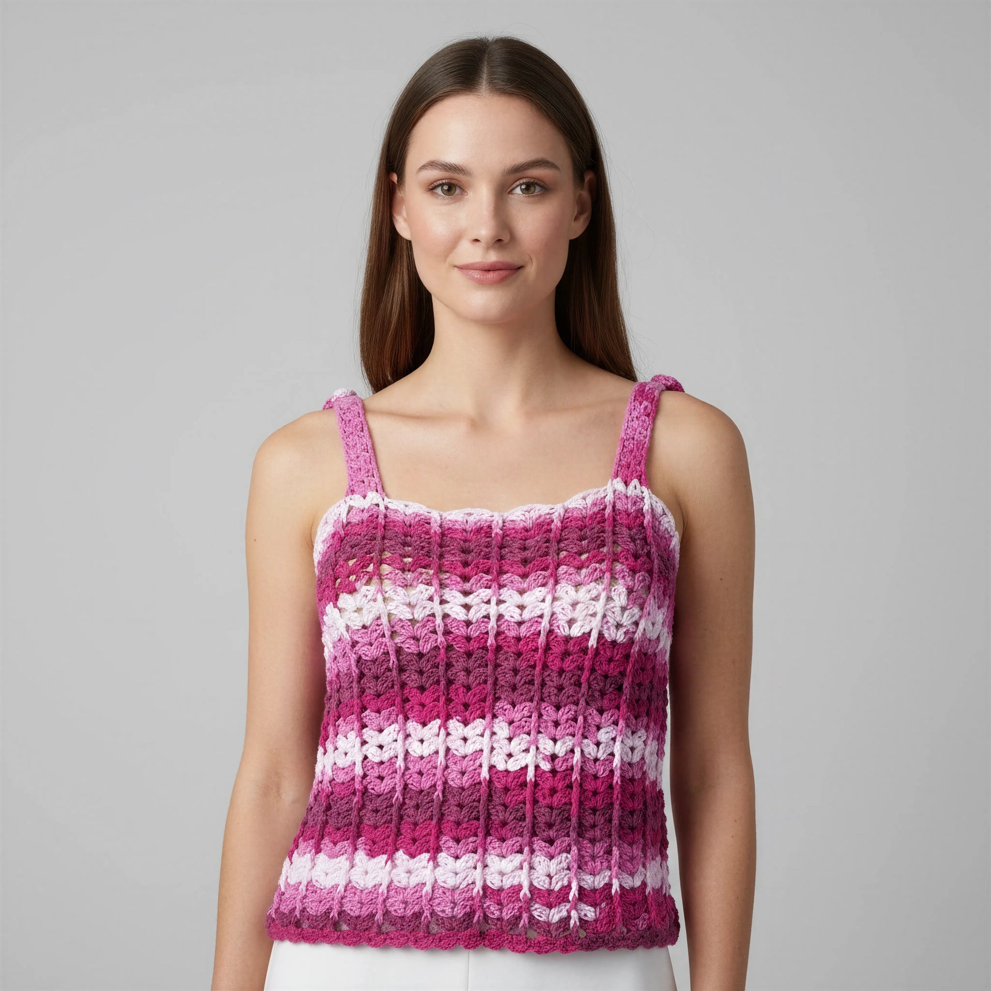 Haut crochet fait main Corsetto fuchsia rose poudré rayures blanches encolure festonnée – Cachalabibi