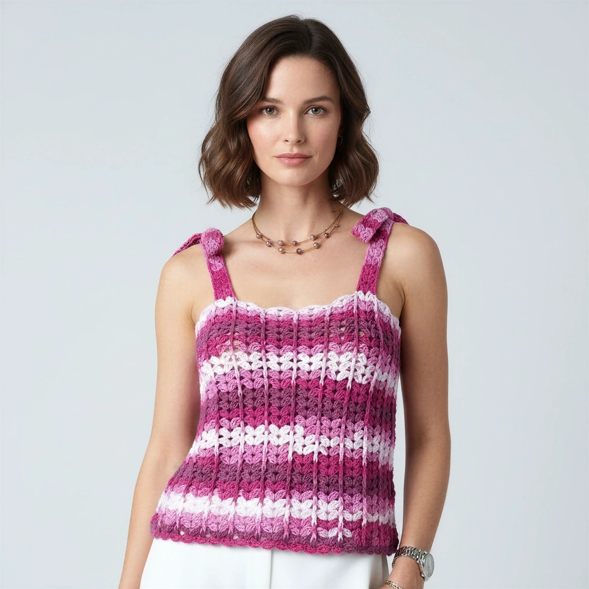 Haut crochet fait main Corsetto fuchsia rose poudré rayures blanches nœuds épaules bijoux dorés – Cachalabibi