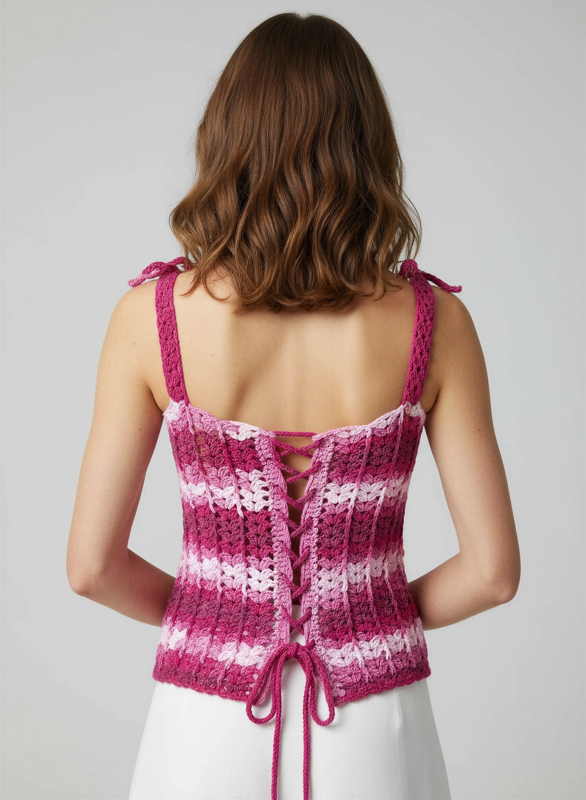 Haut crochet fait main Corsetto fuchsia rose poudré lacet corset dos nœuds épaules vue dos – Cachalabibi