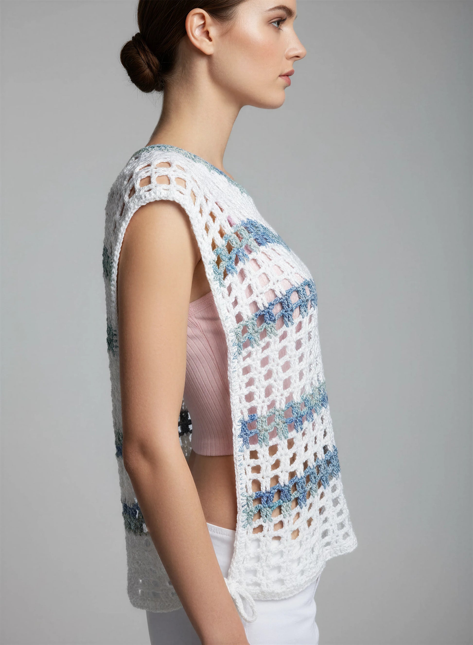 Haut crochet fait main Ellada blanc rayures bleu égéen point filet ajouré profil strict – Cachalabibi