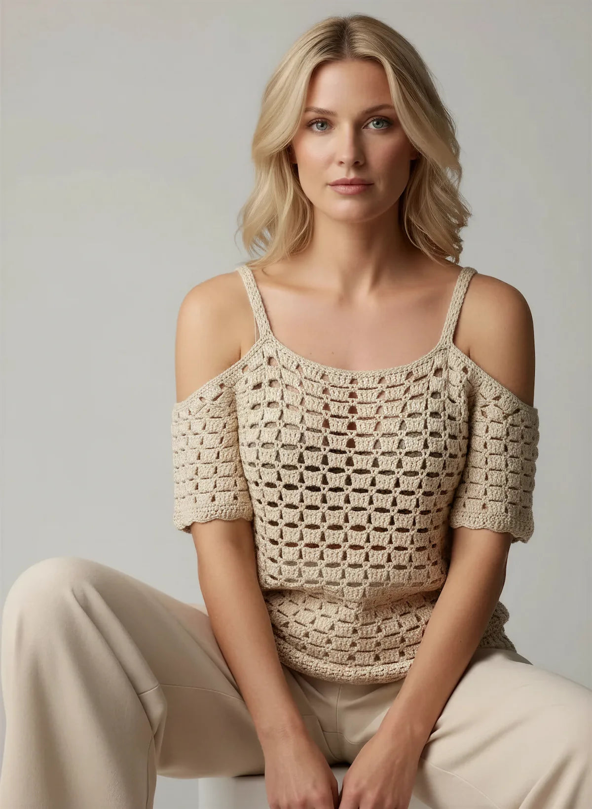 Haut Espuma – vue de face assise – top crochet beige résille granny square épaules dénudées bordure festonnée – Cachalabibi