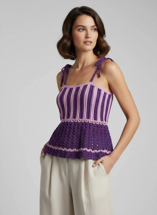 Haut crochet fait main Ficoviola violet prune lilas rayures verticales bas ajouré cœurs peplum – Cachalabibi