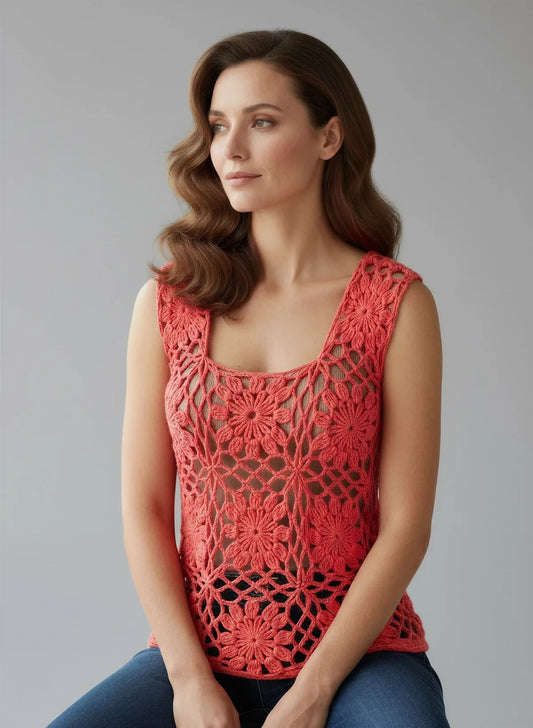 Haut Florapizzo – vue de face buste assise – haut crochet corail motifs fleurs ajourées encolure carrée – Cachalabibi