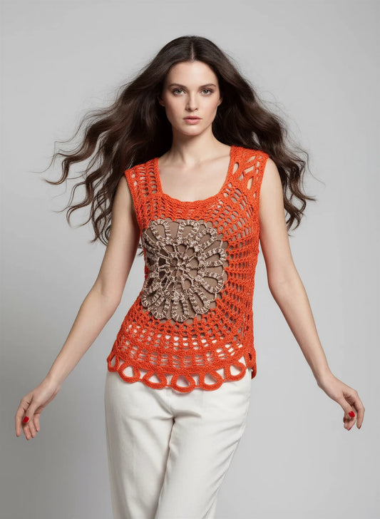 Haut Floravita – vue de face dynamique – top crochet orange corail médaillon fleur beige doré bordure festonnée – Cachalabibi