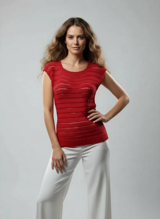 Haut Granada – vue de face plein pied – top crochet rouge rayures ajourées vagues encolure ronde côtes bas – Cachalabibi