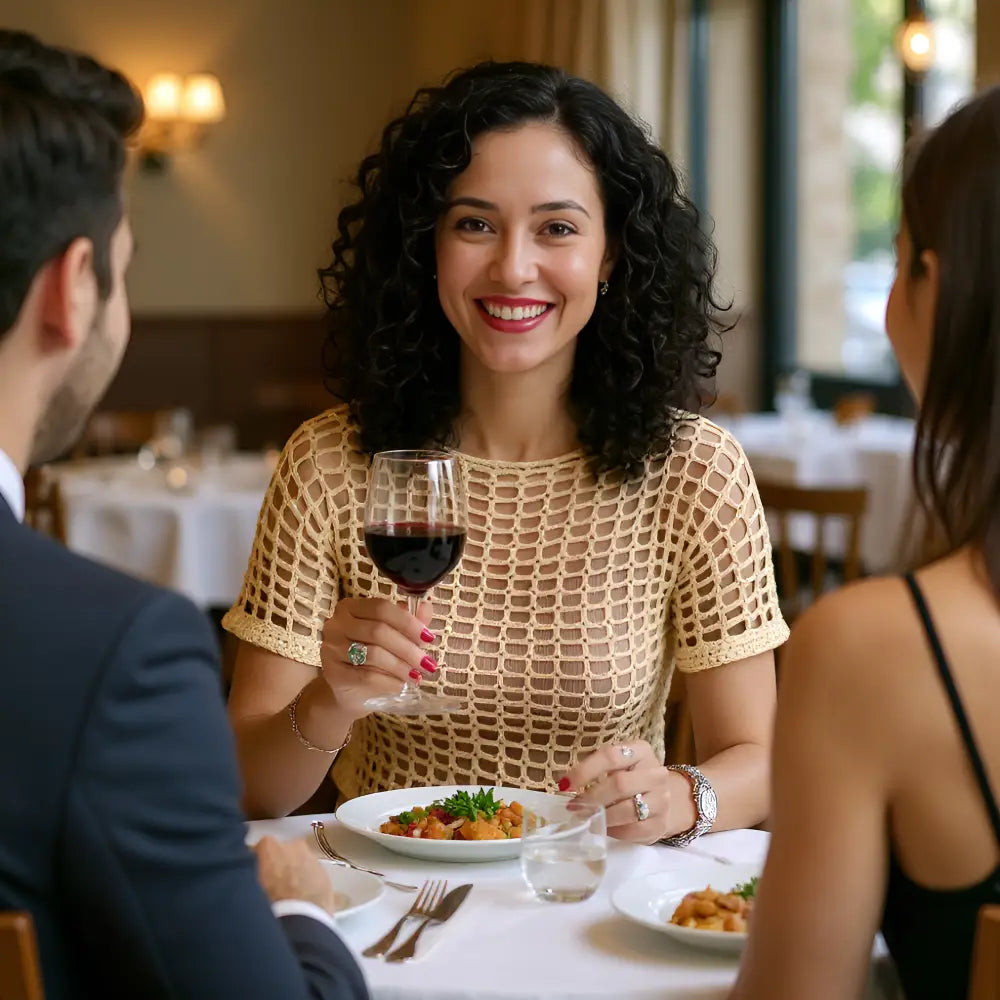 Haut au crochet fait main Kobieta de Cachalabibi - beige foncé - vue de face d'une femme avec un verre de vin à la main au restaurant