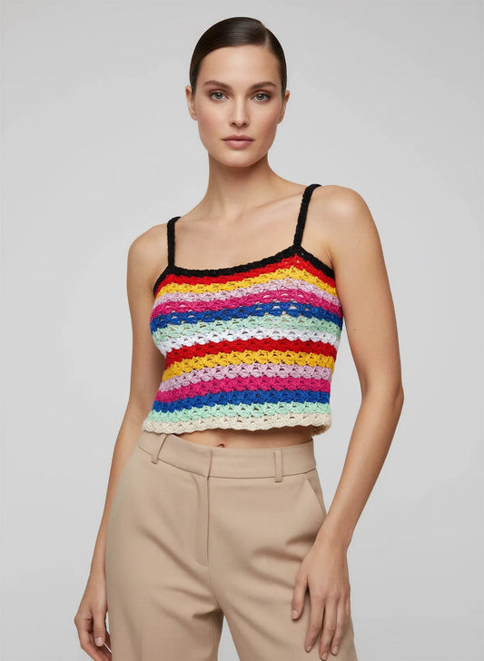 Haut Labegitou – vue de face buste – haut crochet rayures festonnées multicolore arc-en-ciel bretelles noires – Cachalabibi