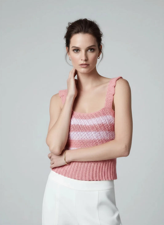 Haut Marshmallow – vue de face buste chignon – haut crochet rose poudré rayures blanc rose bretelles festonnées – Cachalabibi
