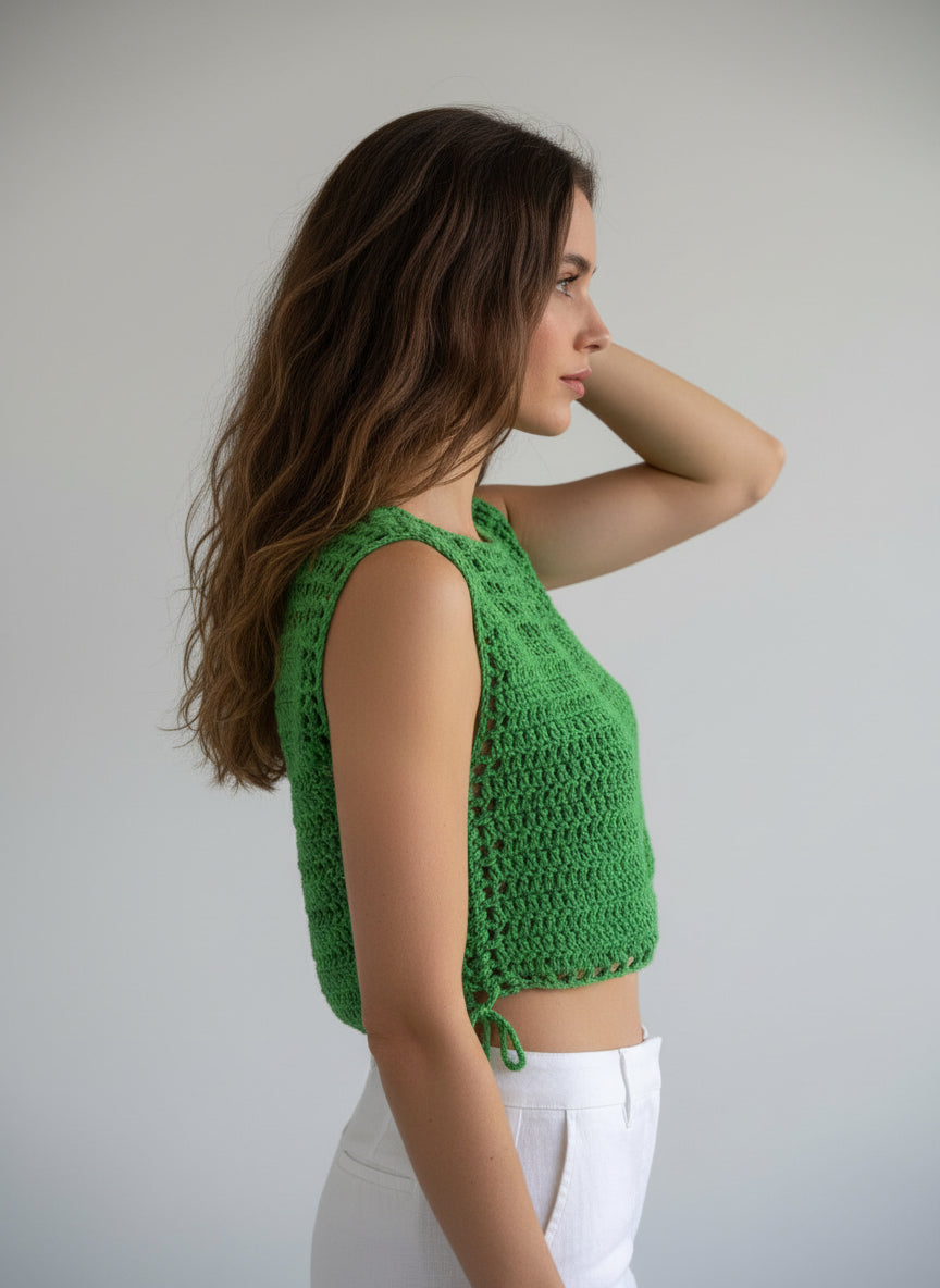 Haut crochet fait main Perico vert prairie mailles ajourées lacets latéraux profil – Cachalabibi