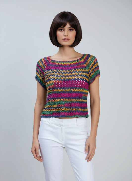  Haut crochet fait main Tico-Tico multicolore rayures points alternés encolure bateau manches courtes – Cachalabibi