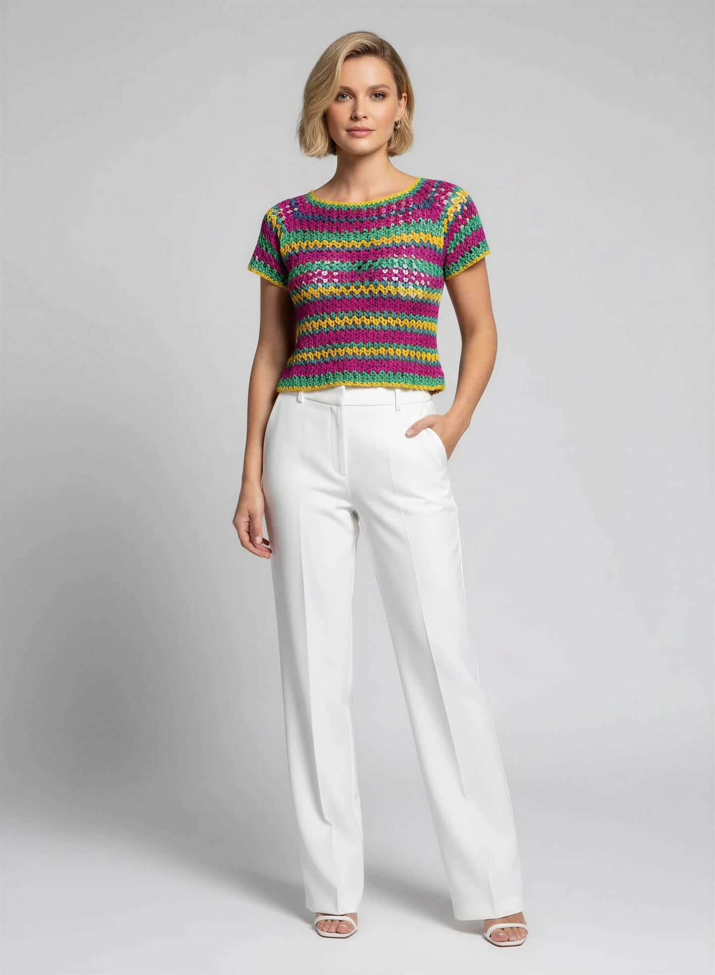 Haut crochet fait main Tico-Tico multicolore fuchsia vert émeraude jaune rayures crop top – Cachalabibi