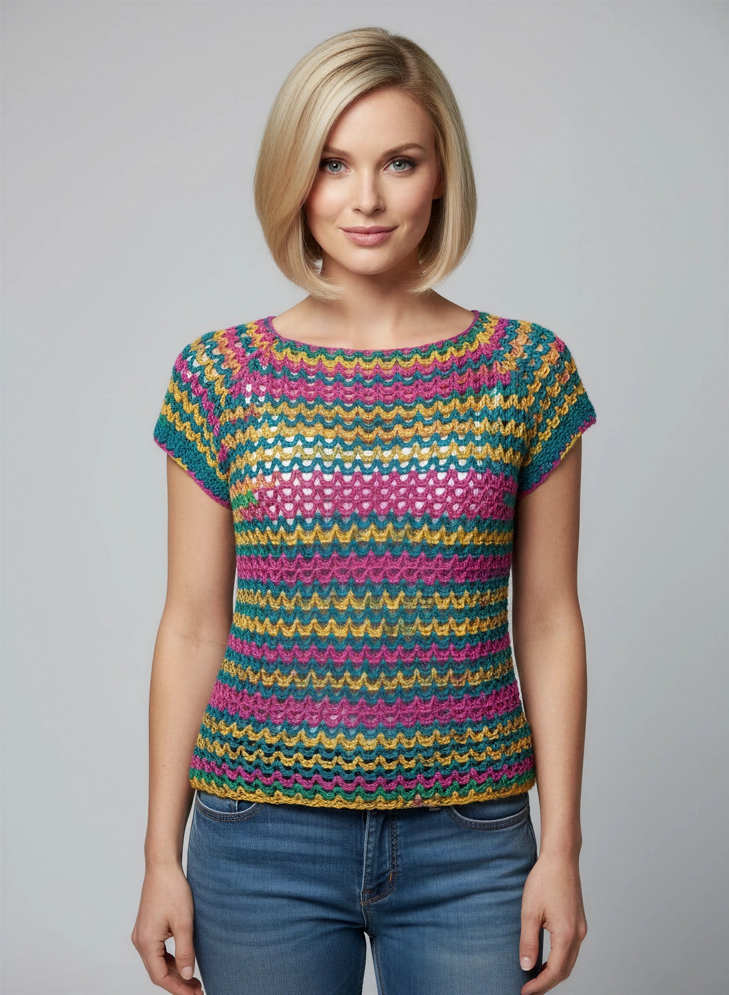 Haut crochet fait main Tico-Tico multicolore fuchsia vert émeraude jaune rayures jean denim – Cachalabibi