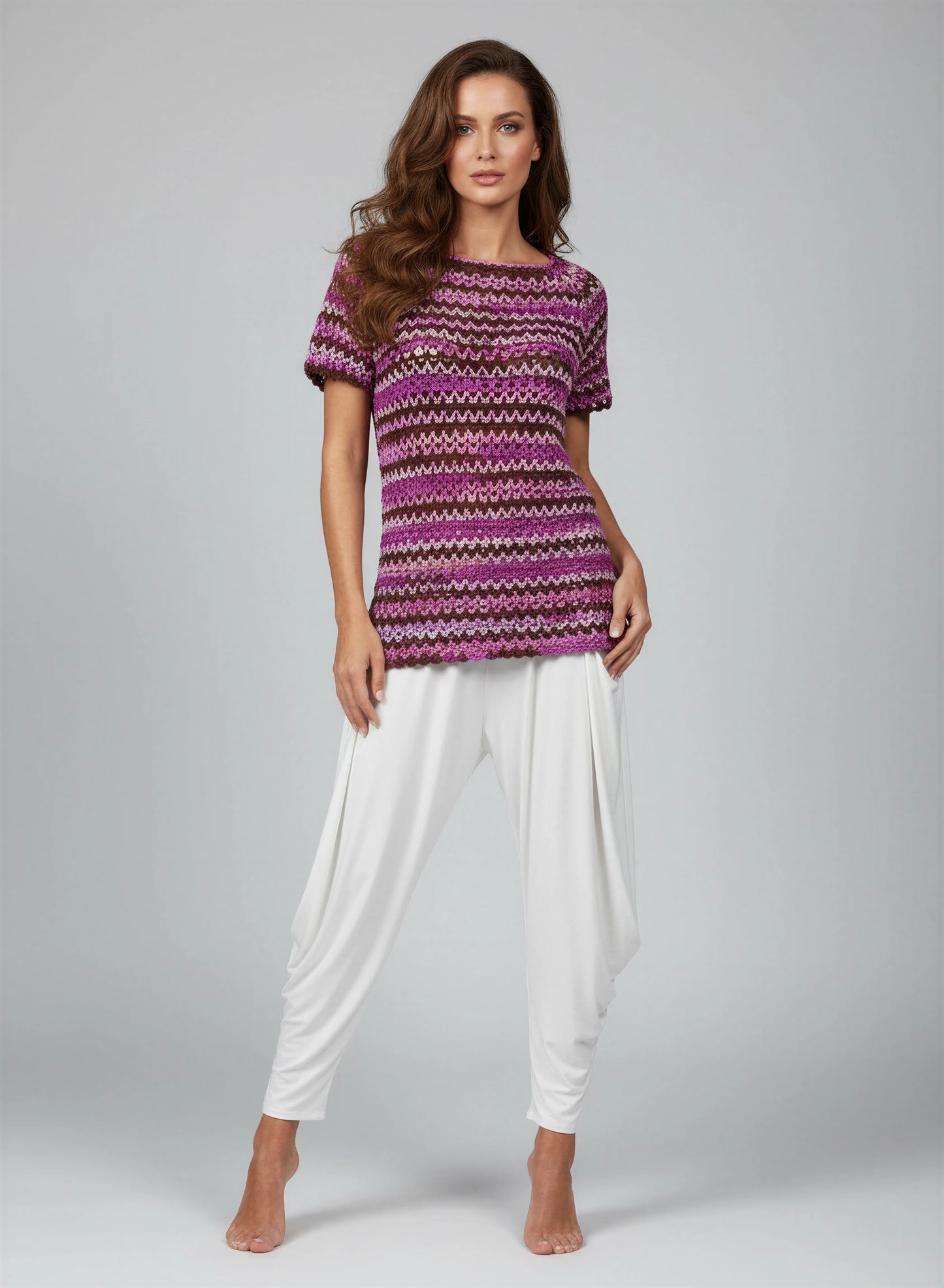 Haut crochet fait main Uncinetto dégradé fuchsia prune chocolat manches courtes bordure festonnée – Cachalabibi