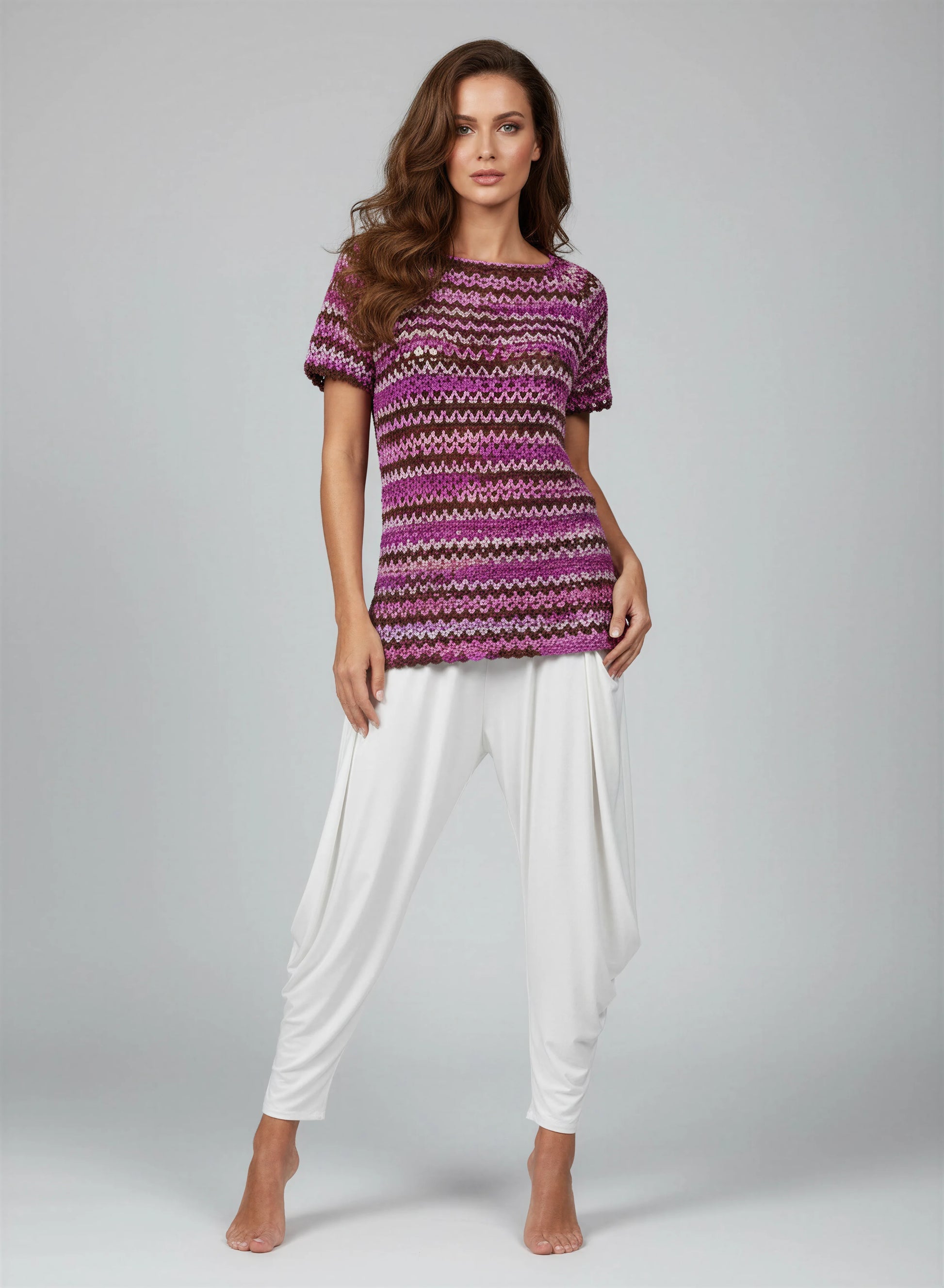 Haut crochet fait main Uncinetto dégradé fuchsia prune chocolat manches courtes bordure festonnée – Cachalabibi