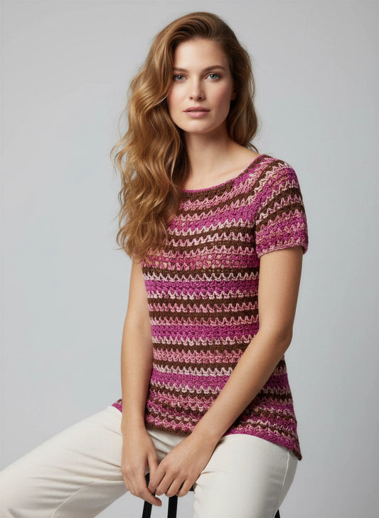 Haut crochet fait main Uncinetto dégradé fuchsia prune chocolat points vagues encolure bateau détail – Cachalabibi