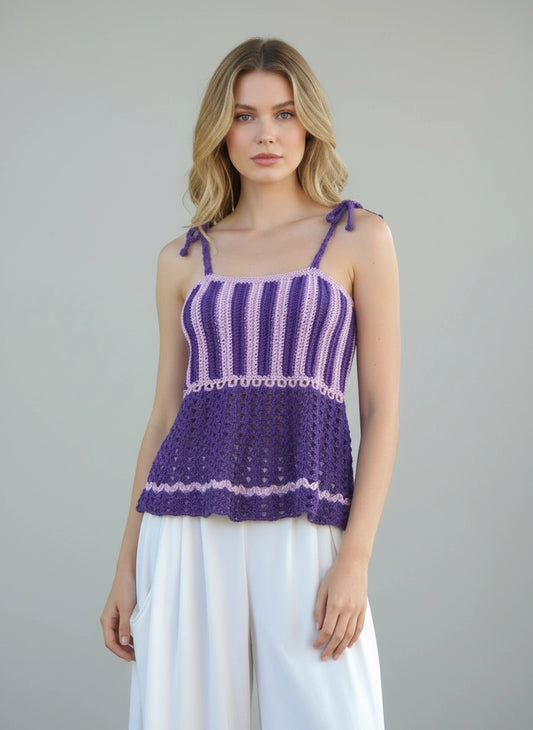 Haut crochet fait main Ficoviola violet prune lilas rayures verticales bretelles nouées peplum – Cachalabibi