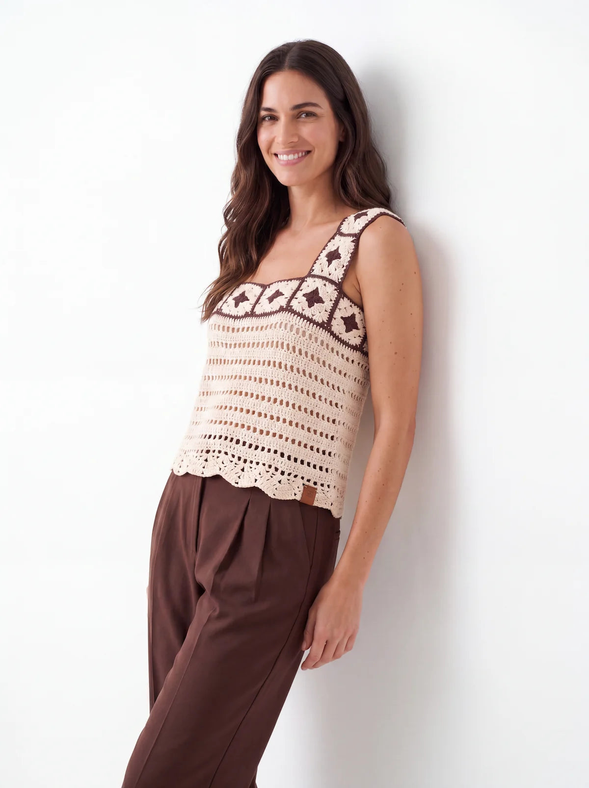 Haut femme Ninnananna - Blanc et marron - Crochet fait main - Taille 40