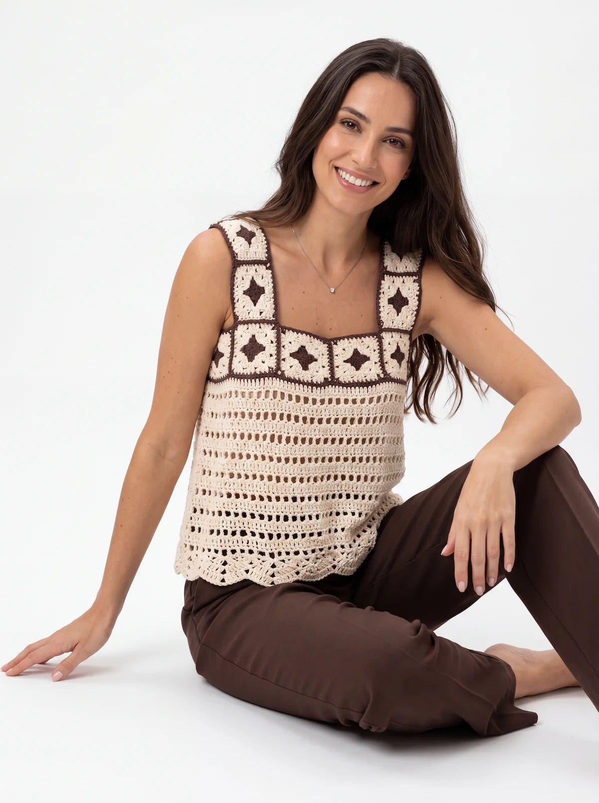 Haut femme Ninnananna - Blanc et marron - Crochet fait main - Taille 40
