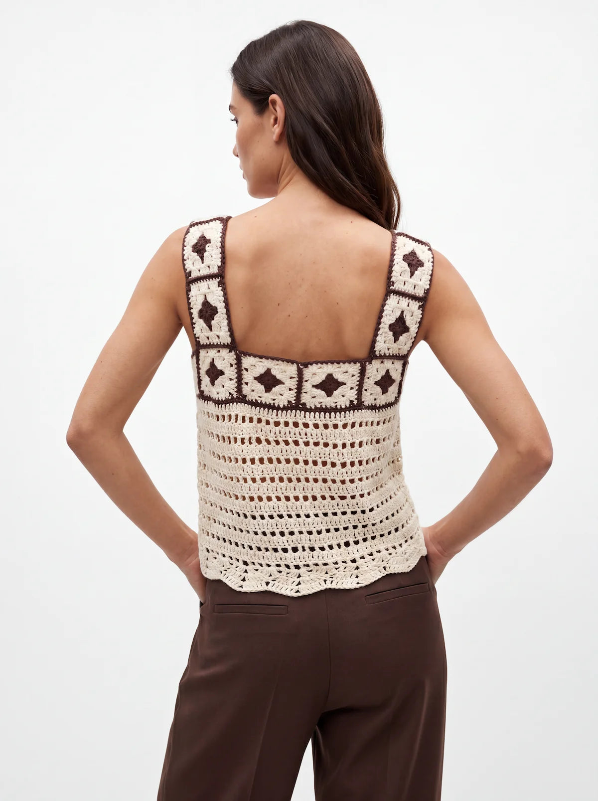 Haut femme Ninnananna - Blanc et marron - Crochet fait main - Taille 40