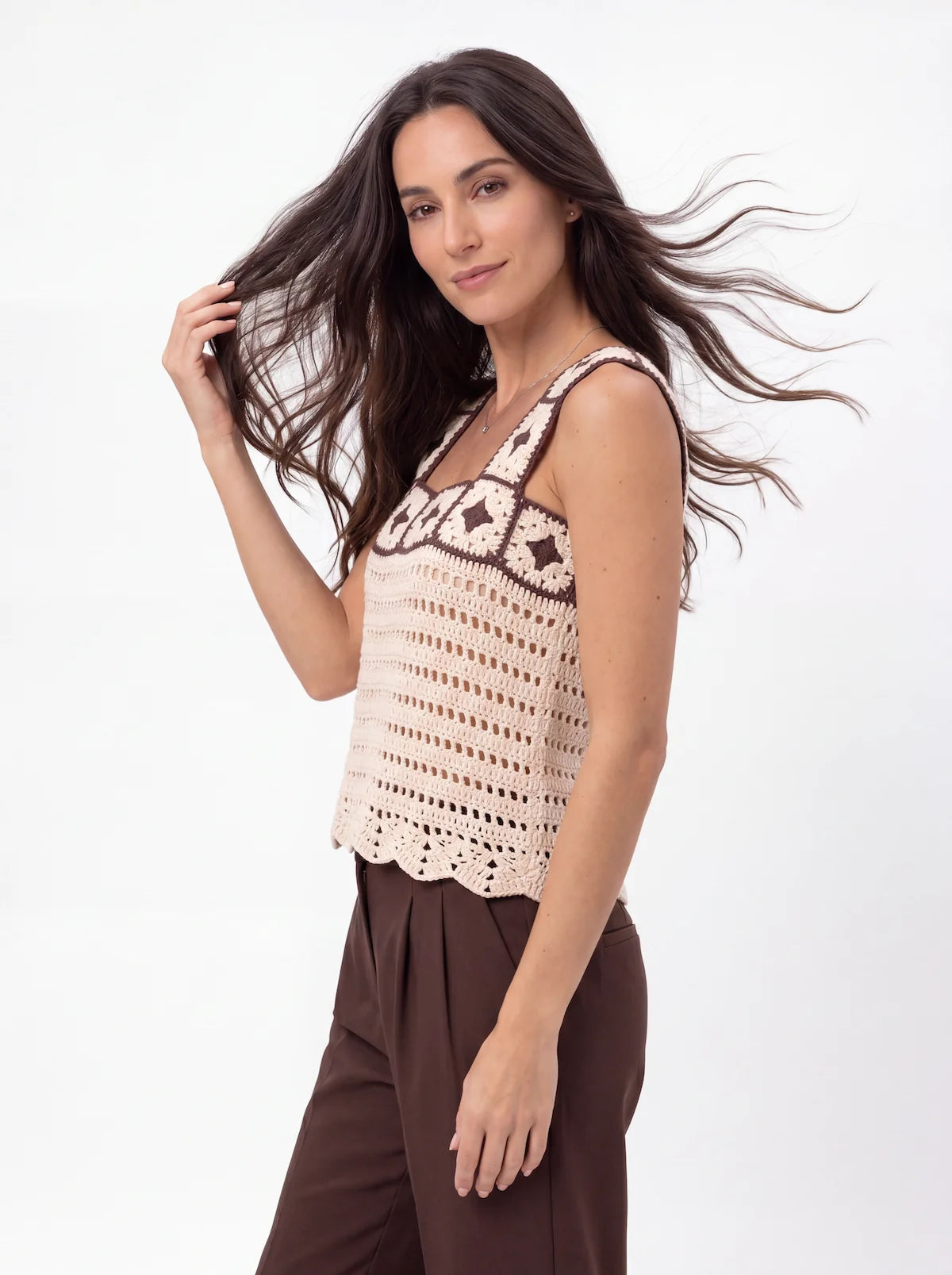 Haut femme Ninnananna - Blanc et marron - Crochet fait main - Taille 40