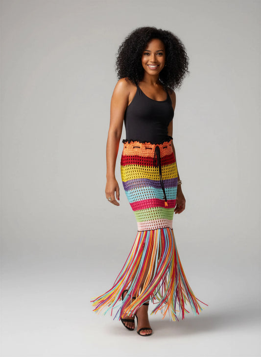 Jupe crochet fait main Arcobaleno arc-en-ciel filet mailles ceinture orange franges longues multicolores sirène – Cachalabibi