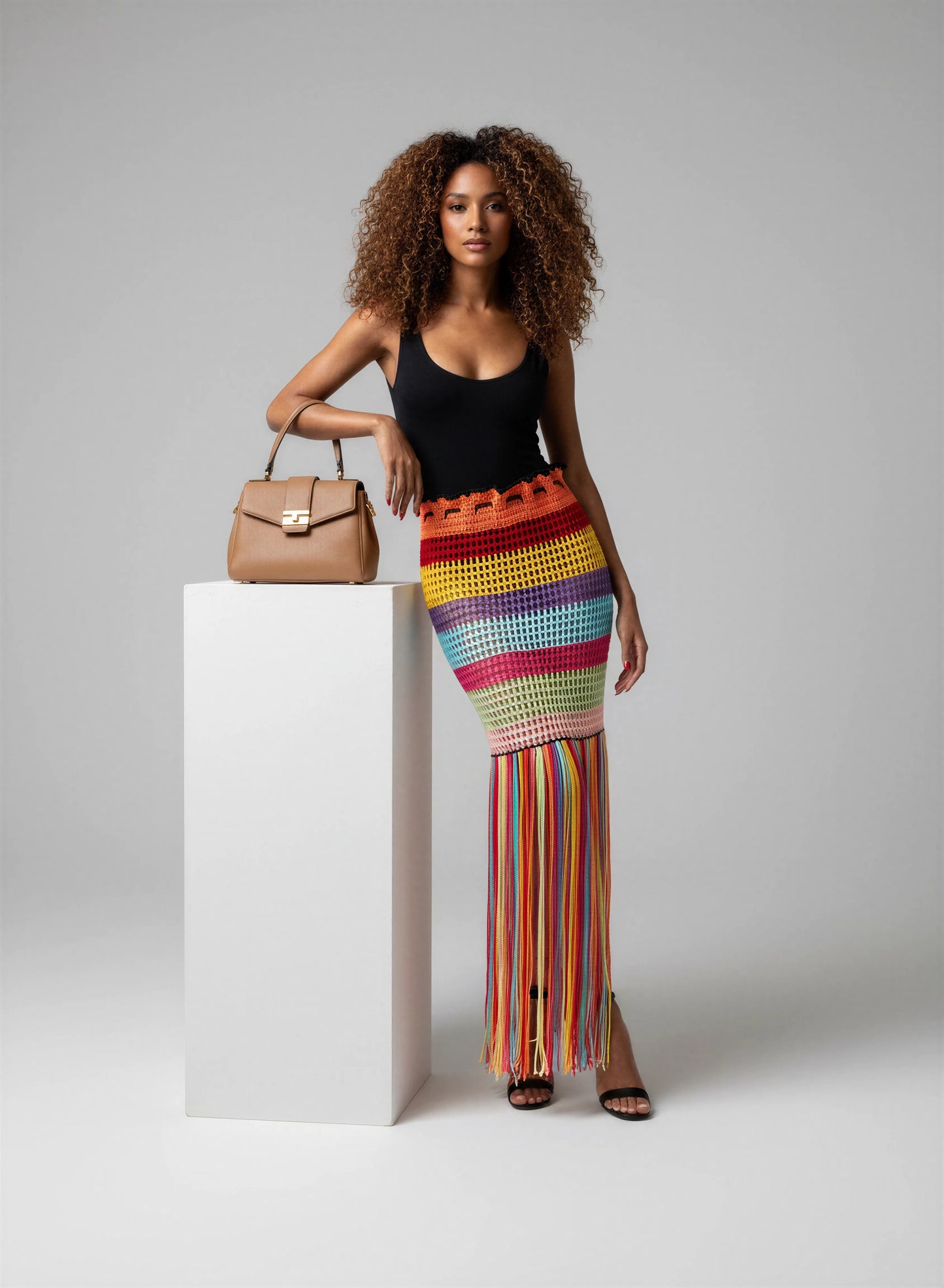 Jupe crochet fait main Arcobaleno arc-en-ciel filet mailles franges longues coupe sirène mi-longue luxe – Cachalabibi