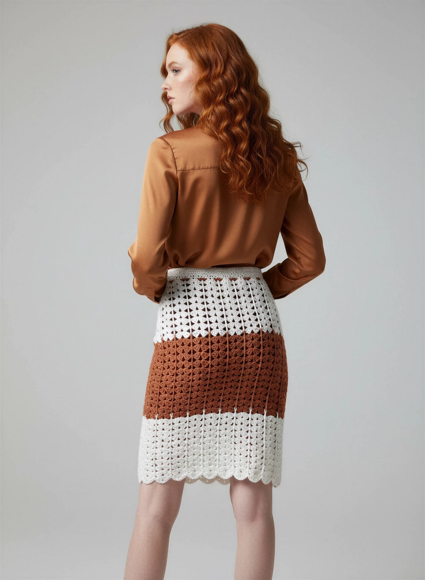 Jupe crochet fait main Cappuccina écru terracotta 3 panneaux filet triangles éventails bordure festonnée – Cachalabibi
