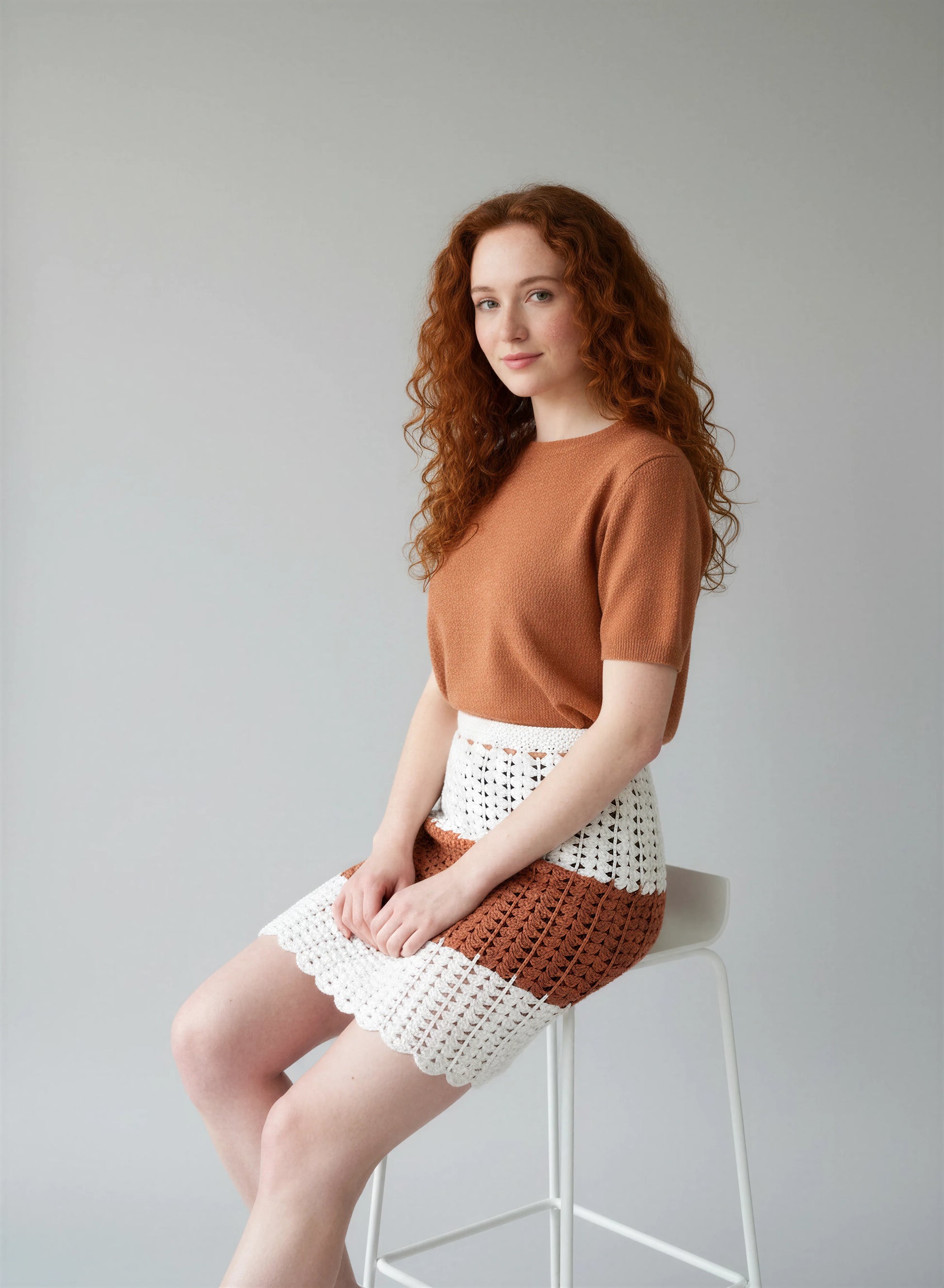 Jupe crochet fait main Cappuccina écru terracotta midi ceinture haute filet triangles ajourés festonné – Cachalabibi