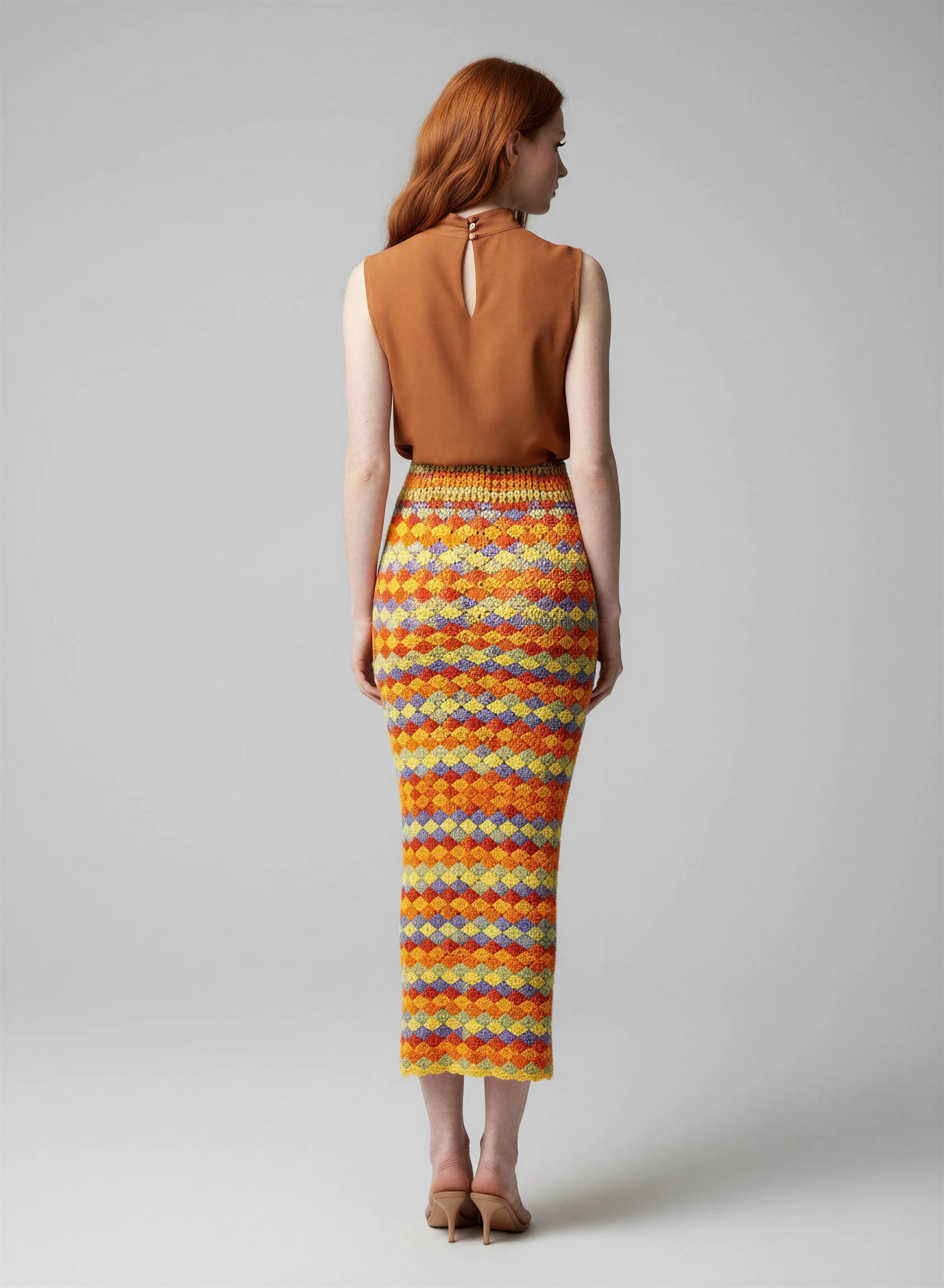 Jupe crochet fait main Gitana orange safran dos rayures coquilles diagonales ceinture côte serrée maxi – Cachalabibi
