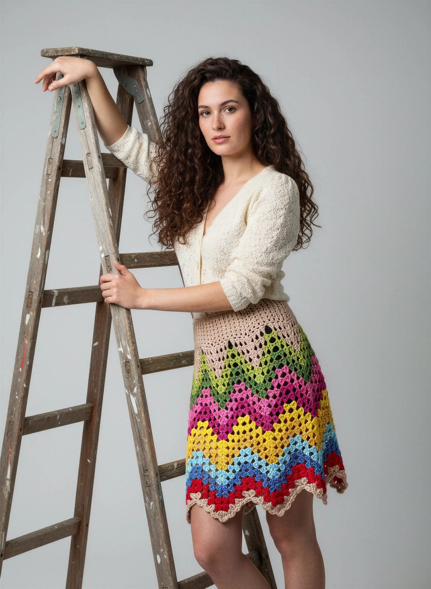 Jupe crochet fait main Ondenova beige chevron multicolore ceinture haute filet ajouré cordon gland festonné – Cachalabibi