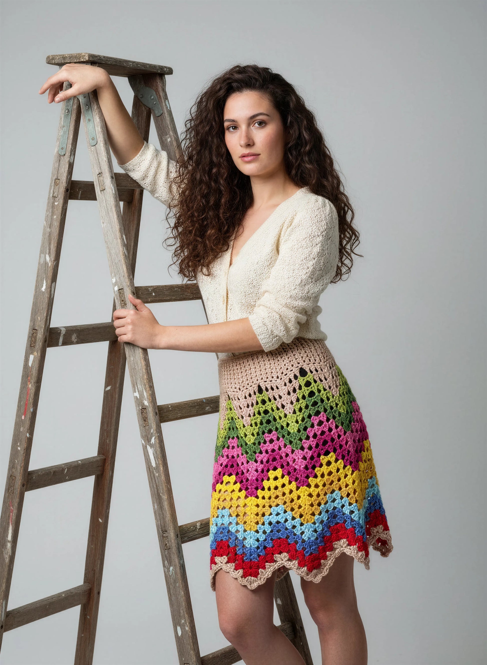 Jupe crochet fait main Ondenova beige chevron multicolore ceinture haute filet ajouré cordon gland festonné – Cachalabibi