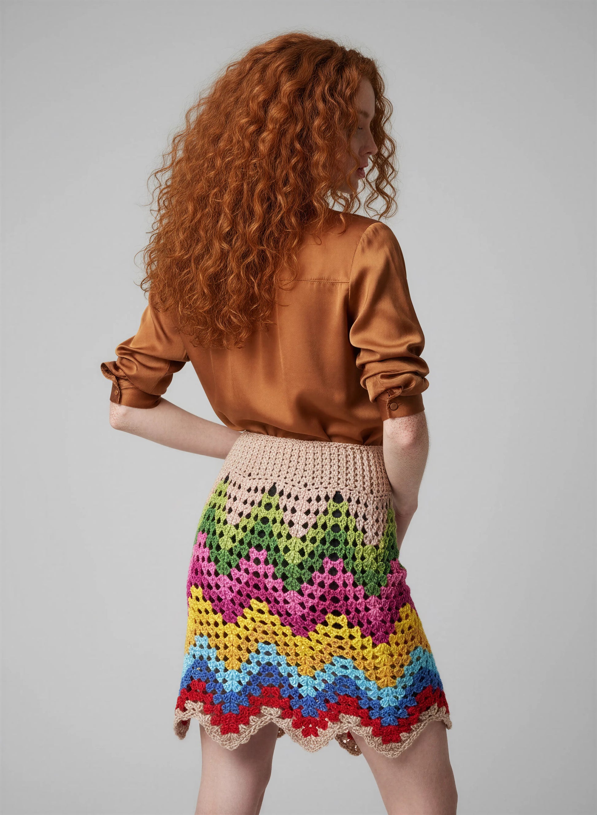 Jupe crochet fait main Ondenova beige dos vagues chevron multicolores ceinture filet construction intégrale – Cachalabibi