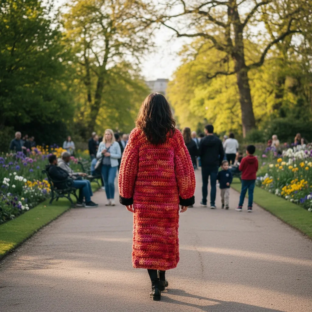 Manteau au crochet fait main Kozakine de Cachalabibi - corail et noir - Vue de dos d'une jeune femme dans un parc