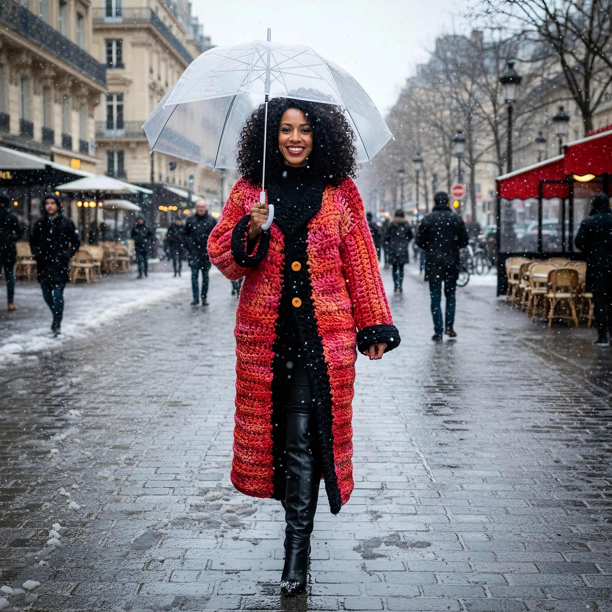 Manteau au crochet fait main Kozakine de Cachalabibi - corail et noir - Vue de face d'une jeune femme sous la pluie