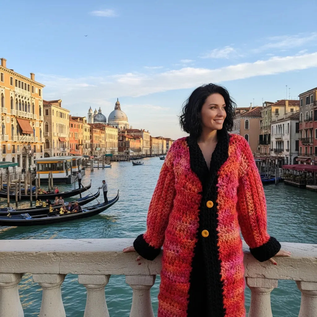 Manteau au crochet fait main Kozakine de Cachalabibi - corail et noir - Vue de face d'une jeune femme adossée à un pont à Venise