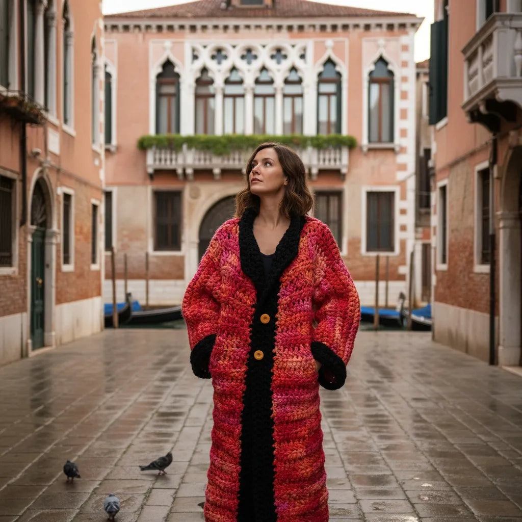 Manteau au crochet fait main Kozakine de Cachalabibi - corail et noir - vue de face d'une jeune femme dans une ruelle de Venise
