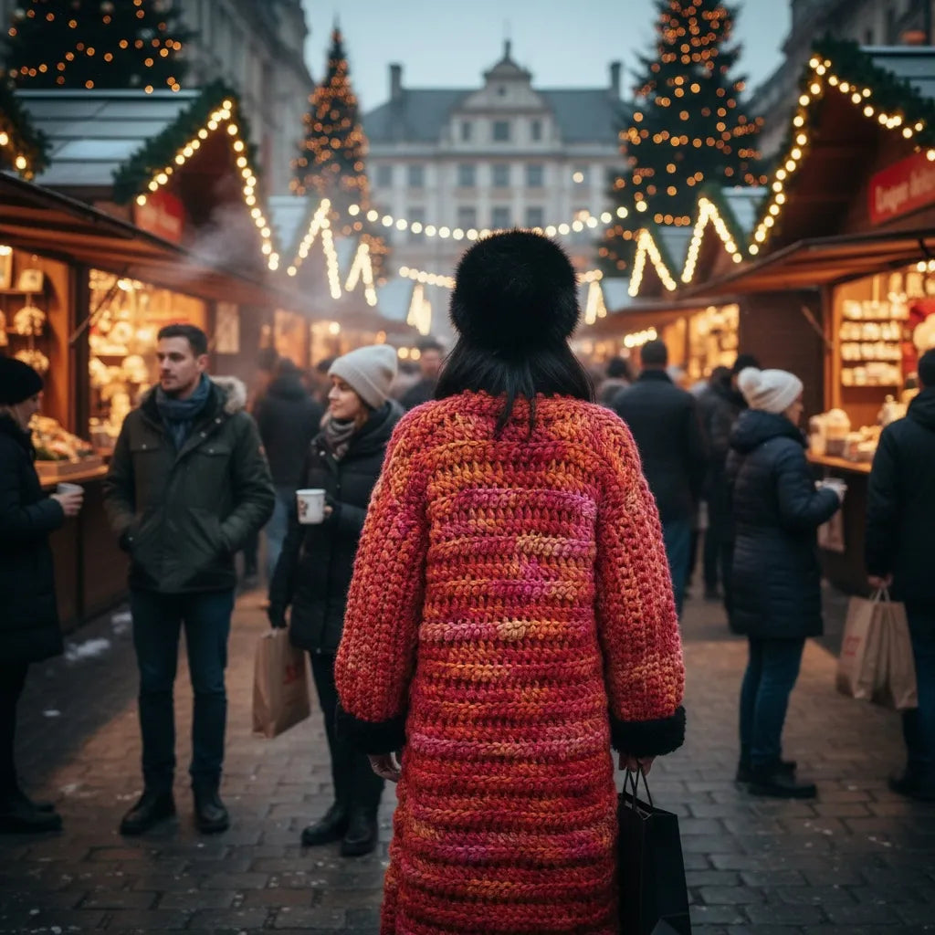 Manteau au crochet fait main Kozakine de Cachalabibi - corail et noir - Vue de dos d'une jeune femme dans un marché de Noël