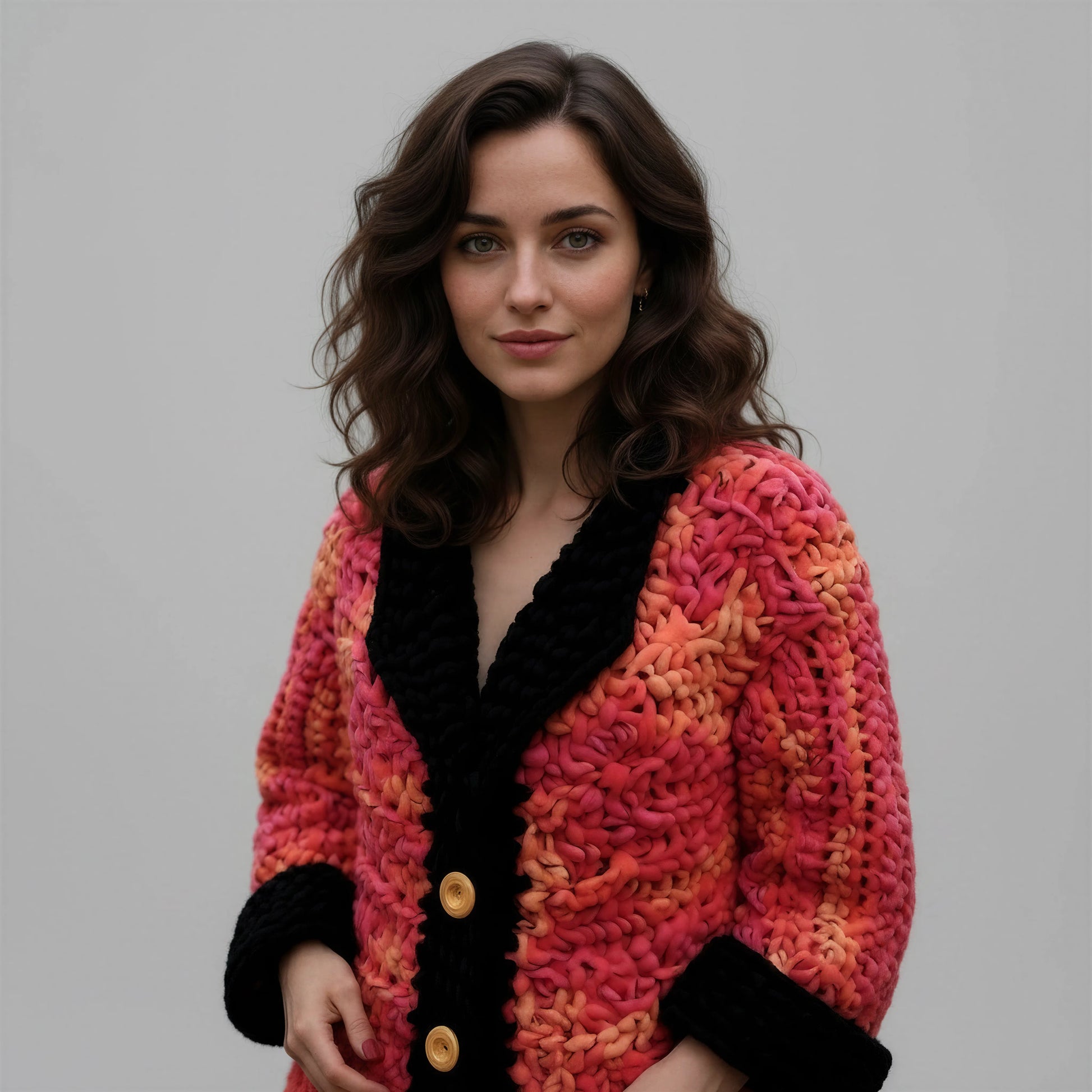 Manteau crochet fait main Kozakine rouge orange chiné grosse maille col châle noir boutons dorés – Cachalabibi