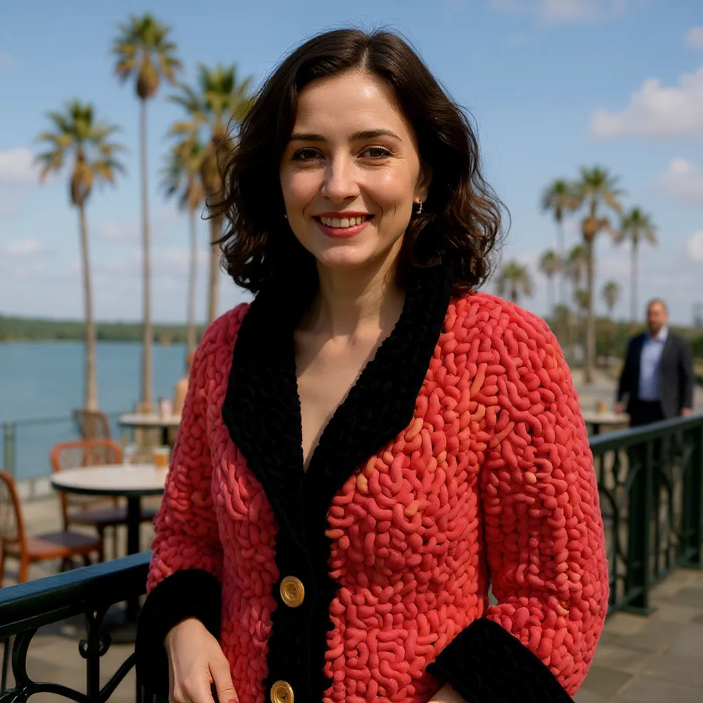 Manteau au crochet fait main Kozakine de Cachalabibi - corail et noir - Vue de face en terrasse avec palmiers montrant le col châle noir